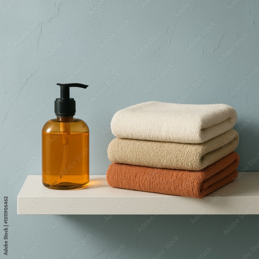 A neat stack of towels on a shelf, next to a bottle of soap. The towels are in different shades of brown. The liquid soap is in a stylish bottle A neat stack of towels on a shelf, next to a bottle of soap. The towels are in different shades of brown. The liquid soap is in a stylish bottle