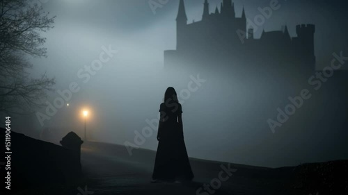 Wallpaper Mural Silhouette of a woman in a dress standing before a castle shrouded in fog at night with a lamp post Torontodigital.ca