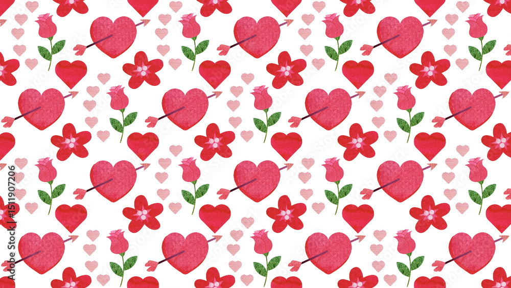 Seamless pattern featuring red hearts roses and flowers on a white background for valentine's day