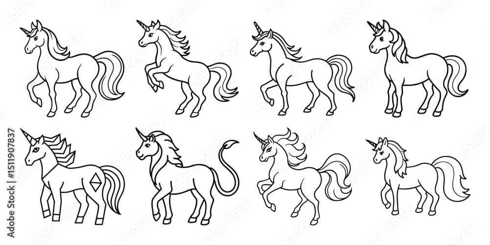 Obraz premium Unicorn line art vector set for children’s prints and decoration isolated on white background.
