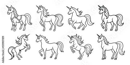 Minimal outline unicorn vector set in standing and walking poses, perfect for kids art, stickers and prints.