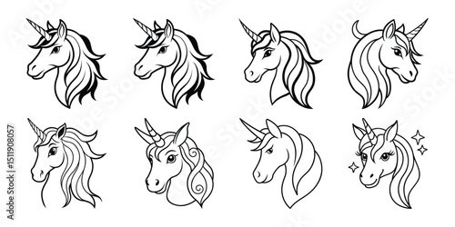 Stylish unicorn head vector set with wavy manes and magical star accents for elegant designs and crafts.