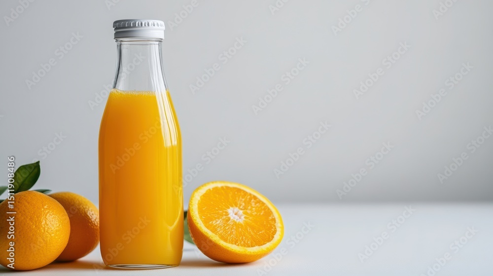 Fresh orange juice in a bottle with whole oranges and a sliced orange displayed nearby. Fresh orange juice in a bottle with whole oranges and a sliced orange displayed nearby.