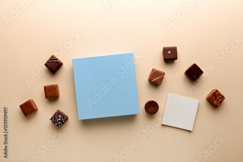 Minimal flatlay of closed box with blank card on beige background, elegant chocolate packaging mockup concept