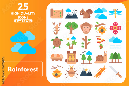 Rainforest Flat Icon Set. Incleded Icons Map, Mountain, Squirrel, Clouds, Dragonfly, Scorpion, Tree, Monkey, Beehive, Rafflesia. Vector Icons Collection