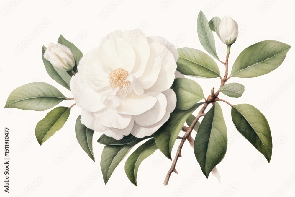 Obraz premium Botanical illustration camellia flower blossom plant.