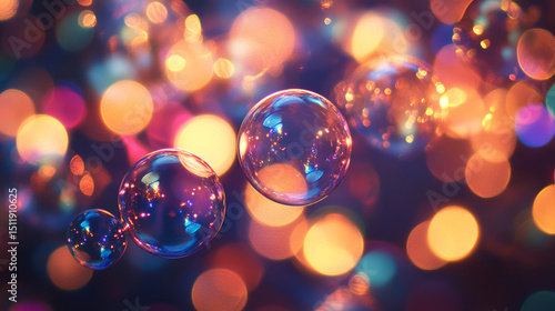 Beautiful Soap bubbles floating on a colorful bokeh background