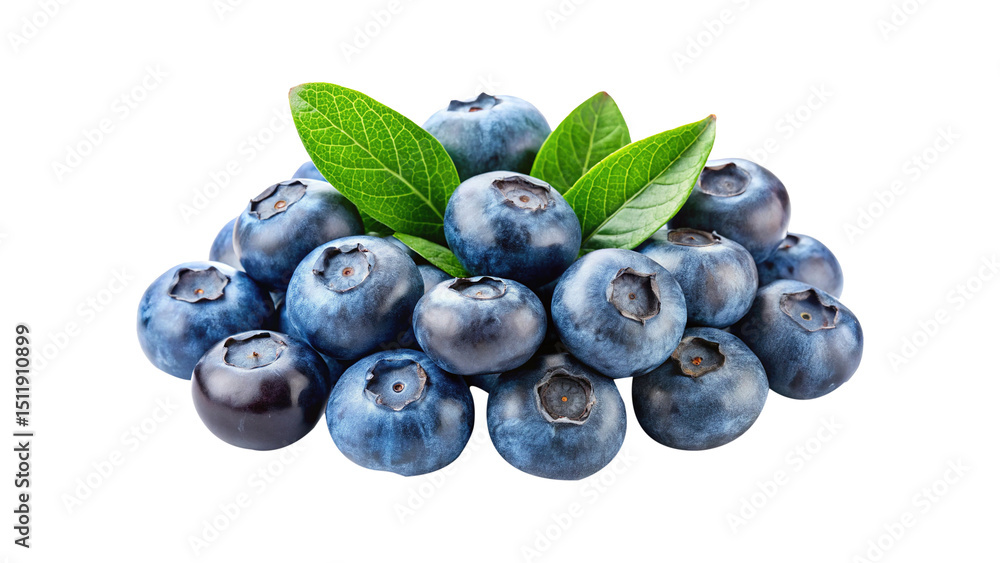 A vibrant pile of juicy blueberries with green leaves on white background A vibrant pile of juicy blueberries with green leaves on white background