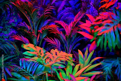 Fototapeta Naklejka Na Ścianę i Meble -  Neon jungle brightly colored dark backdrop