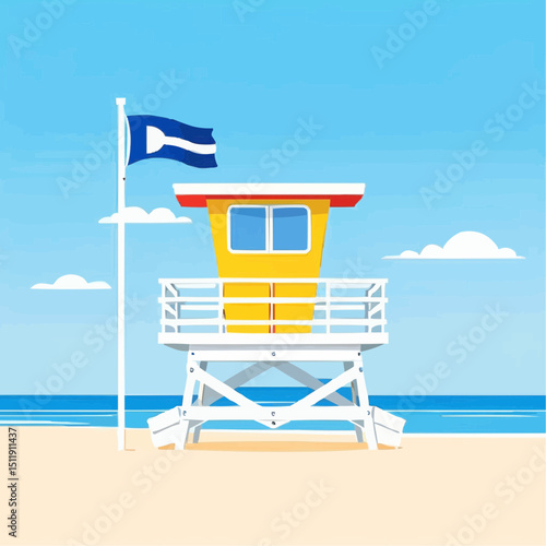 A lifeguard tower stands on the beach under a blue sky, with the ocean in the background. A flag flies above the tower, indicating the condition of the water