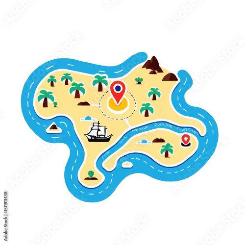 A colorful treasure map showing an island with a ship, palm trees, and a location marker. The map illustrates a treasure hunt or adventure, inviting the viewer to explore