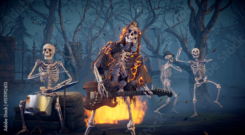 Halloween party: creepy skeleton band playing rock. Scary skeleton in burning robe playing guitar.