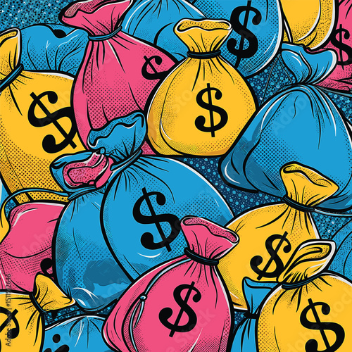 Colorful Money Bags with Dollar Signs on Dotted Background