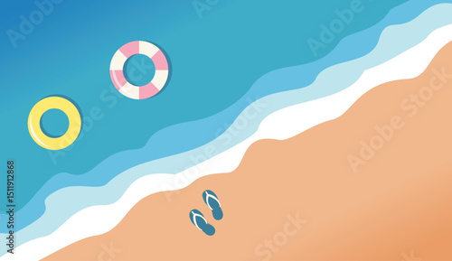 Tropical summer beach vacation landscape with flip-flops, sun, and ocean waves