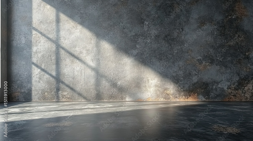 Interior of a room with concrete wall and floor with light coming through a window creating shadows Interior of a room with concrete wall and floor with light coming through a window creating shadows