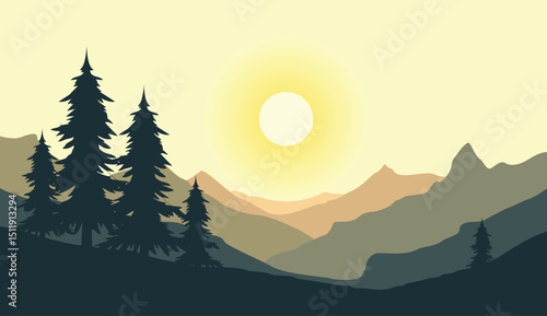 Sunrise mountain landscape vector with blue sky and morning mist