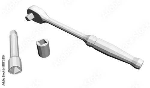 A white tool is shown with a black handle. The tool is a wrench. The wrench is being used to tighten a bolt