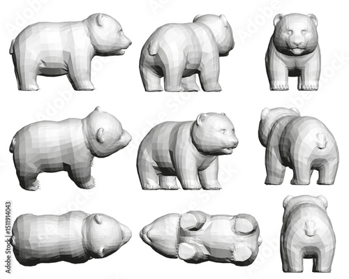 A series of Panda sculptures are shown in various poses