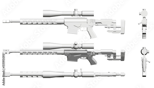 Sniper rifle are shown in a row. The guns are all in different positions, with one pointing straight ahead and the other two pointing to the right