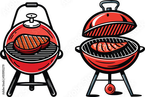 Red grills cooking meat outdoors summer barbecue steak grilling food  vector design element illustration