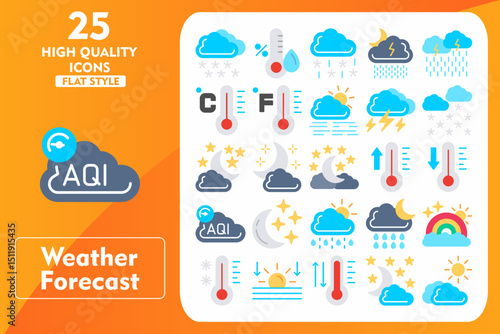 Weather Forecast Flat Icon Set. Incleded Icons Winter, Humidity, Sleet, Downpour, Heavy Rain, Celsius, Fahrenheit, Foggy Day, Thunderbolt, Snowy, Moon And Stars. Vector Icons Collection