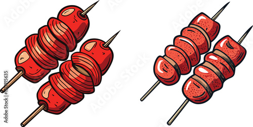 Illustration of two grilled meat skewers prepared in different styles for barbecue vector design element