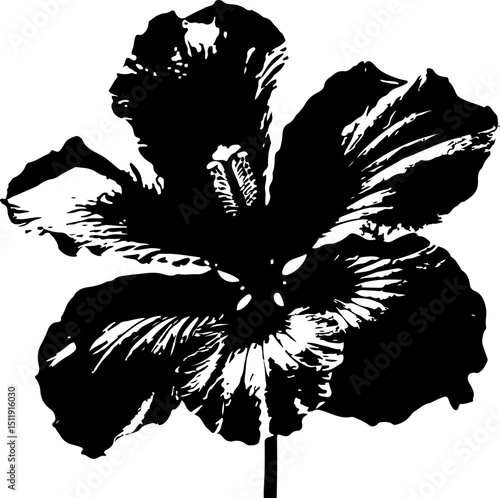 Tropical black and white hibiscus flower silhouette with striking detail, ideal for elegant floral prints, exotic branding, or serene nature-inspired designs.