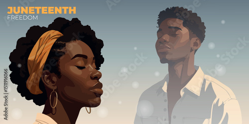 Juneteenth Day. Proud Black Man and Woman Honoring Juneteenth Independence. Juneteenth Holiday. African American Independence Day. Juneteenth holiday banner. Vector illustration.