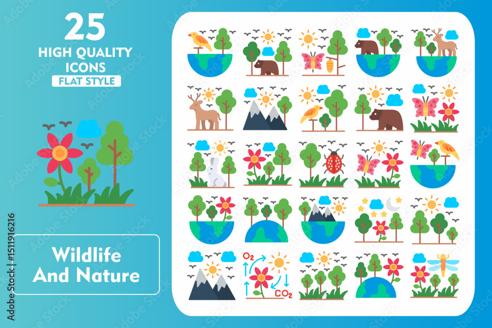 Wildlife and Nature Flat Icon Set. Incleded Icons Biodiversity, Habitat, Metamorphosis, Ecology, Earth, Moose, Outdoor, Bird, Bear, Butterfly. Vector Icons Collection Wildlife and Nature Flat Icon Set. Incleded Icons Biodiversity, Habitat, Metamorphosis, Ecology, Earth, Moose, Outdoor, Bird, Bear, Butterfly. Vector Icons Collection