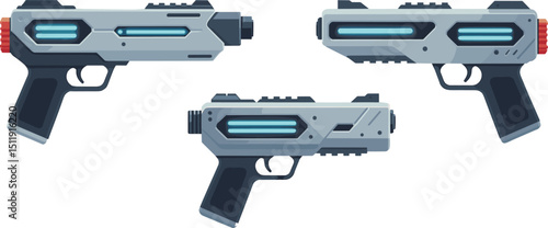 Futuristic Laser Pistols Vector Set – Sci-Fi Handguns for Game Design, Weapon Icons, Space Shooter Assets, or Tech Illustrations Collection
