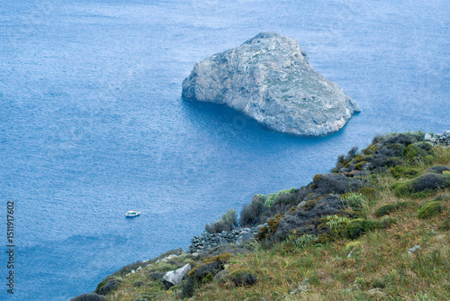 Amorgos Island Seascape with Rocky Outcrop and Distant Boat, Greece