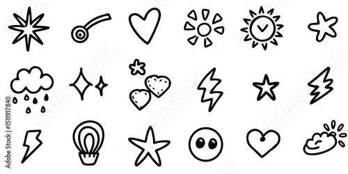 vector set of floral elements Hand-Drawn Doodle Icons Set – Black and White Cute Sketch Clipart Collection