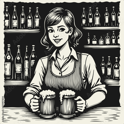 Black and white vector illustration of a female bartender serving two beer mugs at the bar counter. Perfect for Oktoberfest and International Beer Day themed designs. Clean flat silhouette style.