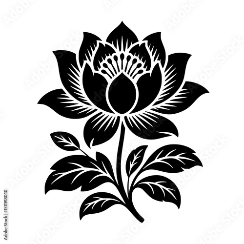 Silhouette of a blooming flower with elegant petals and leaves