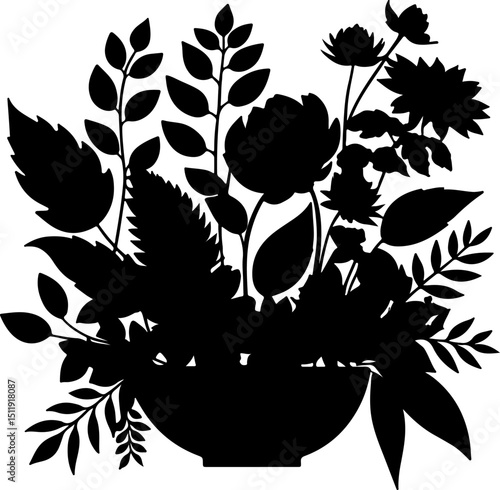 Ornate black silhouette of a diverse floral arrangement in a vase, featuring various flowers and foliage, perfect for elegant home decor, wedding invitations, or sophisticated botanical designs.