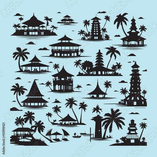 set of black various resort vector silhouettes isolated on white background