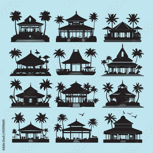 set of black various resort vector silhouettes isolated on white background