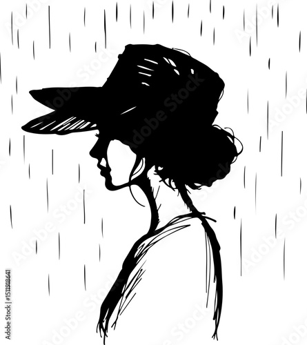 Minimalist black and white sketch of a woman in a hat, standing elegantly in the rain, perfect for conveying moods of contemplation, tranquility, or subtle melancholy in artistic and design projects.