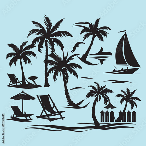 set of black various resort vector silhouettes isolated on white background