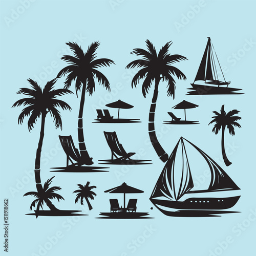 set of black various resort vector silhouettes isolated on white background