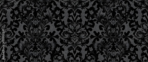 Intricate black damask floral wallpaper with shadowy gothic details, seamless repeat, damask wallpaper, shadowy