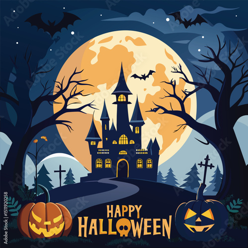 Mystical Halloween: A haunted castle emerges beneath a luminous full moon, as jack-o'-lanterns cast an eerie glow. Bats flutter against a backdrop of a spooky graveyard. 