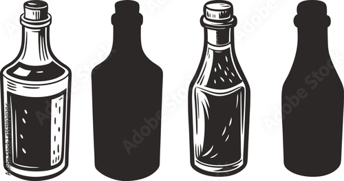 Four bottles different styles corked and unlabeled design elements, A graphic illustration showing various bottle designs and styles suitable for packaging or labeling design projects