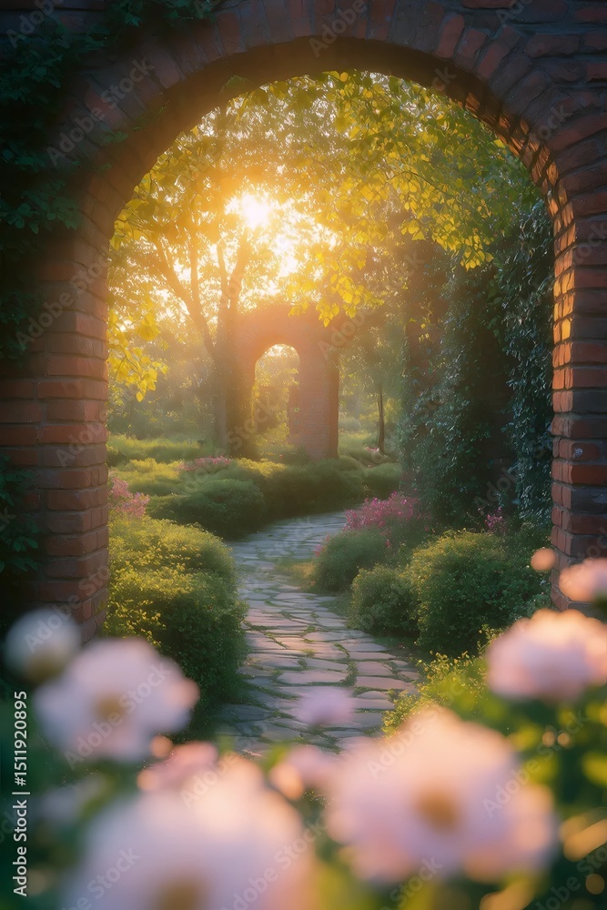 Obraz premium Sunlit Garden Pathway: A serene pathway winds its way through a lush, sun-drenched garden, framed by elegant brick arches and blossoming flowers, creating a sense of peace and natural beauty.