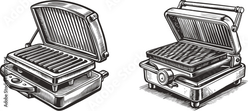 Two open electric grills ready for cooking food a detailed ink sketch black and white engraving monochrome vector illustration