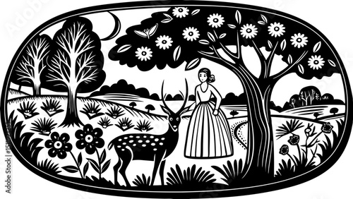 Vector black and white square background with deer fairy. Fairyland landscape line illustration. Scenery with magic princess, meadow, sky. Fantasy nature scene illustration, coloring page