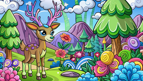 Vector black and white square background with deer fairy. Fairyland landscape line illustration. Scenery with magic princess, meadow, sky. Fantasy nature scene illustration, coloring page