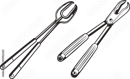 Two types of medical forceps a pair of long thin grasping forceps and a pair of scissor-like forceps shown in black and white line art