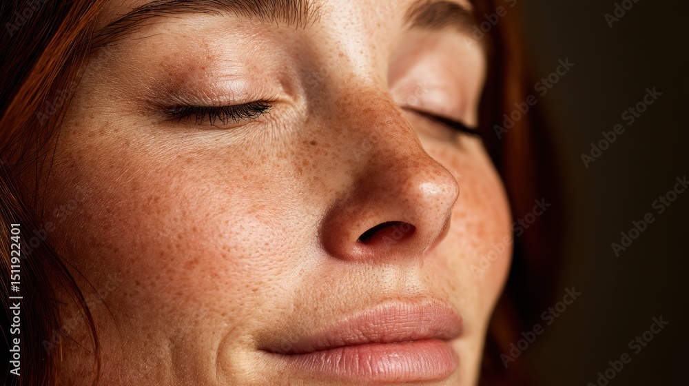 Fototapeta premium A serene close-up portrait capturing a woman's peaceful expression, exuding tranquility and calmness.