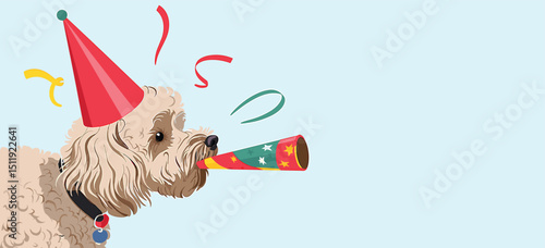 Playful Dog in Party Hat Blowing Horn Celebration